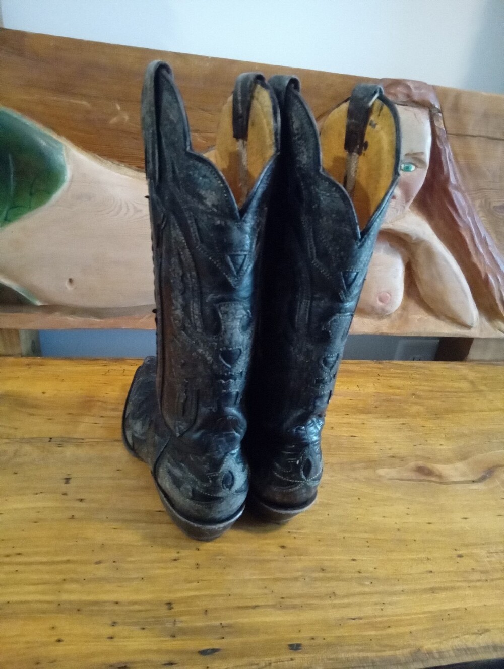 Vintage Safari Black Distressed  Leather Phoenix Tall Snip Toe Cowgirl Boots 6.5 - Picture 10 of 16